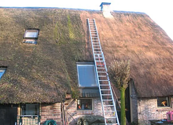 Onderhoud aan een rieten dak bij een dakraam, met ladder
